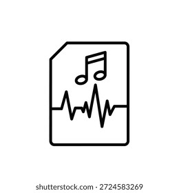 Gráfico vetorial linear mínimo mostrando o formato do arquivo de música com símbolo de nota dupla e sinal de frequência de áudio digital