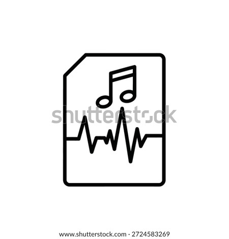 Minimal linear vector graphic showing music file format with double note symbol and digital audio frequency signal