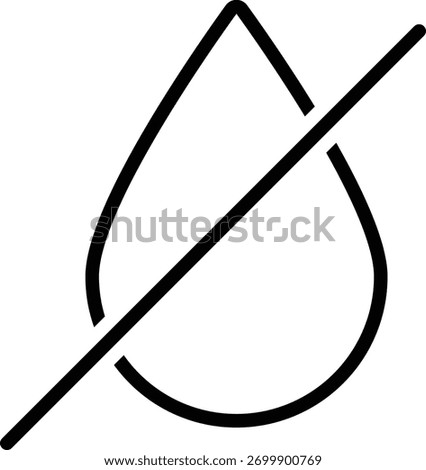Minimal linear vector icon of a crossed-out water drop symbolizing dryness, no liquid content, dehydration, or water restriction