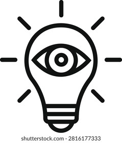 Minimal linear vector icon depicting a lightbulb with a human eye inside, representing corporate vision, market insights, innovative ideas, and business strategy planning on a clean white background.