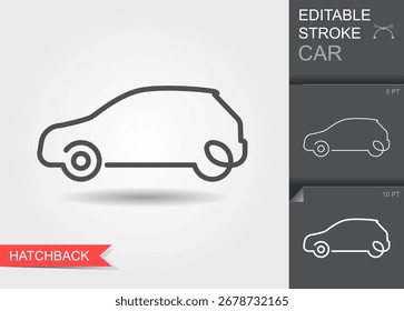 Ícone vetorial linear mínimo de uma silhueta de carro hatchback com traçado editável, estilo de contorno, design de contorno e sombra suave. Perfeito para gráficos automotivos, ícones de transporte, infográficos, web