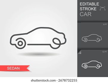 Minimal linear vector icon of a sedan car silhouette with editable stroke, outline style, contour design and soft shadow. Perfect for automotive graphics, transport icons, infographics, web and mobile