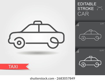 Minimal linear vector icon of a taxi car silhouette with editable stroke and contour design. Ideal for transport, travel, city service, infographic, web, mobile apps, navigation maps, signs
