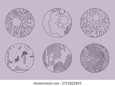 Iconos vectoriales lineales mínimos con diseños circulares abstractos en líneas negras delgadas sobre un fondo púrpura suave. Ilustración vectorial conceptual para ciencia, tecnología y temas abstractos.
