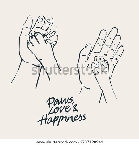 Minimal linear vector illustration of a human hand holding dog and cat paws. Symbol of care, trust, friendship, animal protection, pet adoption and emotional connection between humans and animals.