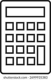 Minimales Line-Art-Rechnersymbol mit rechteckiger Anzeige und quadratischen Schaltflächen. Sauberes, einfaches und modernes Design, geeignet für Mathematik, Finanzen, Buchhaltung und Bildungsgrafiken.