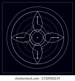 Minimale, linienbasierte abstrakte Illustration mit geometrischen Schaltkreisen und Formen der sakralen Geometrie, optimiert für technische, wissenschaftliche und redaktionelle Anwendungen.
