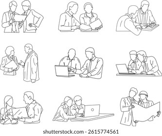 A minimal line-style of faceless office workers engaged in discussion and teamwork. Ideal for business presentations, workplace visuals, and modern professional themes.