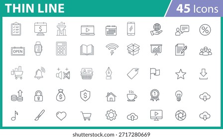 Minimales Line-Style-Icon-Paket für Web-Design, mobile Apps, digitale Schnittstellen, Commerce-Tools, Medienelemente, Produktivitätsfunktionen, Benutzerfreundlichkeit, editierbarer Strich, skalierbarer Vektor, monochrome Symbole, UI-Essentials