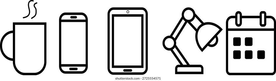 Un conjunto de iconos de estilo de línea mínimo que representa un espacio de trabajo moderno y una rutina de productividad. El conjunto incluye iconos de una taza de café, teléfono inteligente, tableta, lámpara de escritorio y calendario. Adecuado para Sitios web, aplicaciones móviles, interfaces de usuario, presentaciones y productos digitales.