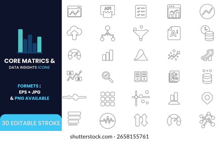 Minimales Icons-Paket im Linienstil mit Kernmetriken, Analysen, Datenberichten, Dashboards, KPIs, Bildmaterial zum maschinellen Lernen, perfekt für Tech-, SaaS- und BI UI UX-Projekte.