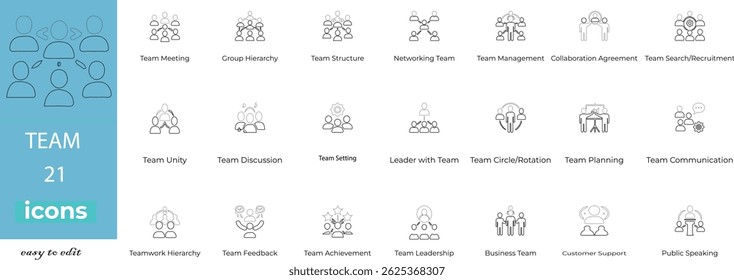 Minimal line-style team vector set showing collaboration, unity, leadership, and teamwork in modern design.