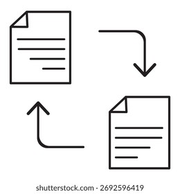 Ilustración vectorial de estilo de línea mínima de un ícono de transferencia de archivos, con flechas y documentos para representar el intercambio y la sincronización de datos. Perfecto para la tecnología.