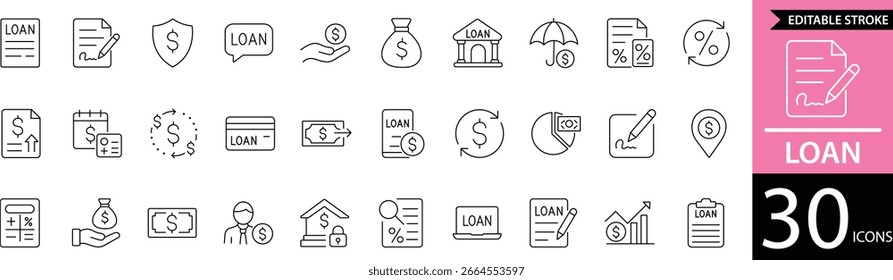 Minimal Loan Line Icon Set 30 Clean Outline Symbols for Finance, Credit, and Money Lending Design