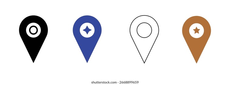 Localização mínima do ícone de pin definido em diferentes estilos e cores, incluindo marcadores sólidos, de contorno e de estrela. Perfeito para navegação GPS, mapas digitais, aplicativos de viagem, serviços baseados em localização.