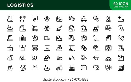 Iconos mínimos de logística: símbolos de Vector de contorno lineal plano de entrega, camión, almacén, carga, paquete, caja, cadena de suministro, paquete moderno limpio para proyectos de Web, interfaz de usuario e infografía