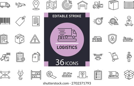Conjunto de iconos de línea de logística mínima 36 símbolos de esquema para entrega, transporte y diseño de cadena de suministro