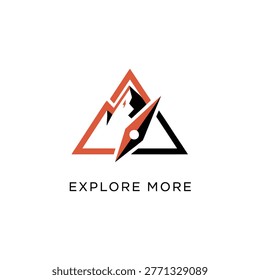 Minimal logo combining a mountain silhouette and compass motif in bold orange and black. Evoking adventure, navigation, travel and outdoor exploration for brands, outdoor gear, and travel blogs.