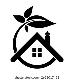  Minimal logo design, house with chimney and roof, leaf motif, circular symbol, black and white graphic, eco-friendly concept, real estate icon