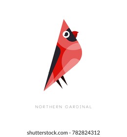 Minimal logo design of northern cardinal. Abstract bird with bright red plumage. Isolated flat vector element for company label, print or zoo store
