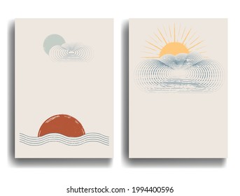 Minimal logo design .Sun, moon, waves and cumulus clouds . Vector aesthetic background