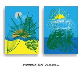 Minimal logo design .Sun, moon, waves , sand beach and tropical leaves . Vector aesthetic background