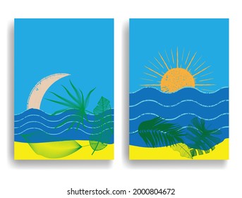Minimal logo design .Sun, moon, waves , sand beach and tropical leaves . Vector aesthetic background