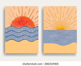 Minimal logo design .Sun, moon, waves , sand beach and cumulus clouds . Vector aesthetic background