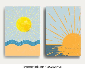 Minimal logo design .Sun, moon, waves , sand beach and cumulus clouds . Vector aesthetic background