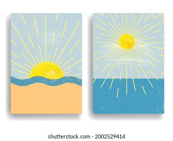 Minimal logo design .Sun, moon, waves , sand beach and cumulus clouds . Vector aesthetic background