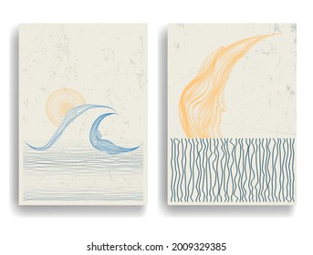 Minimal logo design .Sun, moon, waves  . Vector aesthetic background