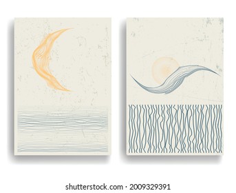 Minimal logo design .Sun, moon, waves  . Vector aesthetic background