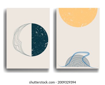 Minimal logo design .Sun, moon, waves  . Vector aesthetic background