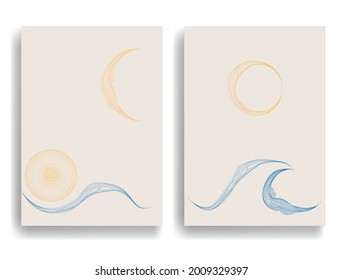 Minimal logo design .Sun, moon, waves  . Vector aesthetic background