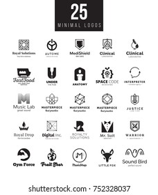 Minimal logo design templates collection. Big set of black and white brand symbols on different themes