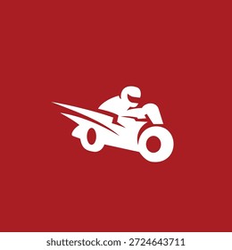 Um logotipo mínimo com a silhueta de um motociclista andando em uma motocicleta na velocidade.