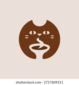A minimal logo featuring the silhouette of a cat holding a coffee cup in negative space, created in a circle.
