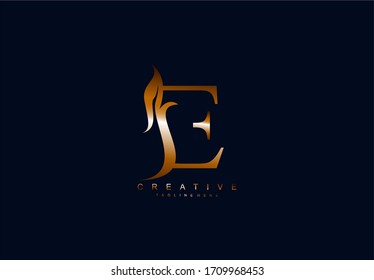 Minimal Logo Golden E Letter Oval Monogram Floral Dark Blue Color Background