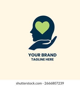 Minimal logo with head, heart, and hand. Perfect for therapy, emotional wellness, coaching, and compassionate care branding.