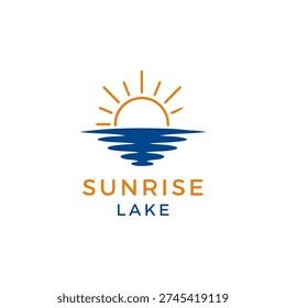 Minimal logo showing an orange sun rising above a blue lake with mirrored ripples. Suitable for travel, resort, waterfront, nature and wellness brands seeking a clean, modern identity.