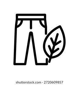 Minimal long pants icon with a leaf symbol on the side representing eco friendly clothing sustainable fashion and natural materials in clean line vector style