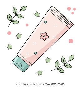 Minimaal lotion tube icoon met pastelkleuren en bloemontwerp met omliggende botanische elementen voor een kalmerende esthetiek