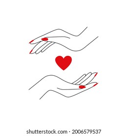 Minimal love logo. Abstract red heart female outline hands, romantic linear tattoo design, beauty sticker. Vector illustration