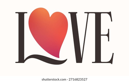 Diseño de tipografía de amor mínimo con letras serif elegantes y símbolo de corazón degradado. Póster limpio e Plantilla impresa para proyectos de San Valentín, marca, ropa y diseños gráficos modernos. Vector ilustración editable.