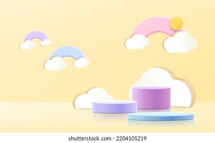 Minimal lovely concept mock up podium with cloud  background 3d render.