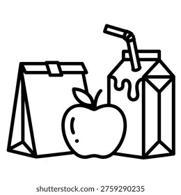 Minimal lunch bag with apple and juice box icon, representing healthy school lunch, nutrition, and fresh food concept.