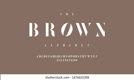 minimal luxury classic modern typeface typo typography alphabet fonts and number, uppercase lowercase and number. Vector illustration with brown color background.