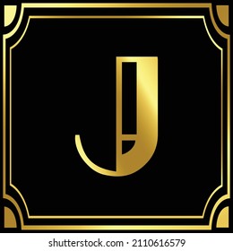 Letra cursiva de lujo mínima J de diseño con logotipo de color dorado y negro de base inicial. Monograma de la letra J