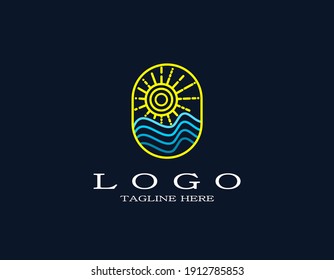 Logotipo minimalista de lujo con olas de mar o océano y sol. Diseño retro y vintage con azul, amarillo. Logotipo con líneas y pinceladas artísticas, adecuado para viajes, vacaciones, hotel, parque, playa.