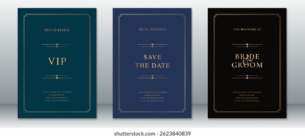 Convite de casamento de luxo mínimo definido com quadros de ouro em preto, marinha e fundo esmeralda